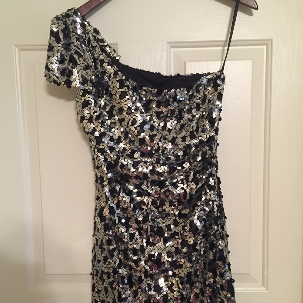 Black & Silver Sequin One Shoulder Cocktail Dress